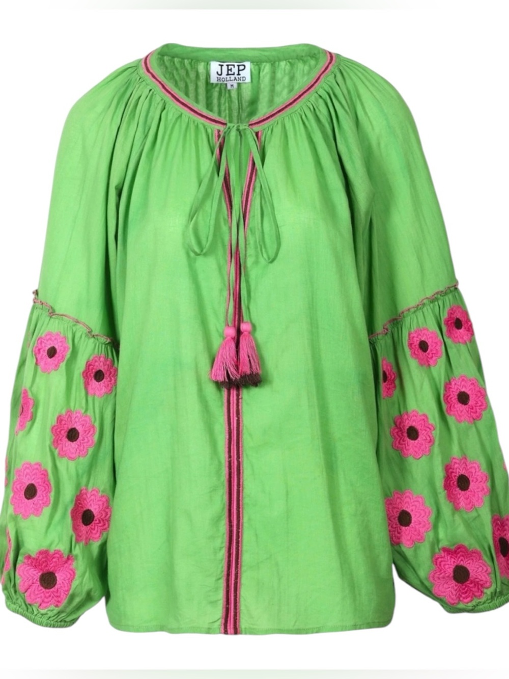 JEP HOLLAND Florence Green Pink Floral Embroidery Cotton Blouse Front Tie L
